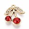 Alloy Rhinestone Pendants, UV Plating, Cherry, Light Gold, 20x17.9x5.5mm, Hole: 1.6mm