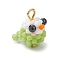 Glass Seed Beaded Bird Charms, with Natural Black Spinel Beads & Glass Pearl & Golden Iron Loop, Green, 16x10.5x13.5mm, Hole: 2.5mm