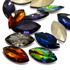 Cabochons de strass en verre à facettes d'œil de cheval à facettes pointu en arrière, dos plaqué, couleur mixte, 32x17x6.8mm, environ 12 pcs / sachet 