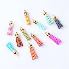 Décorations de pendentif pompon en daim, avec embouts de cordon en plastique ccb, couleur mixte, 35~37x10mm, Trou: 2.5~3mm