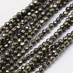 Abalorios de pirita naturales hebras, redondo, facetados, 2mm, agujero: 0.3 mm, aproximamente 200 pcs / cadena, 15.74 pulgada