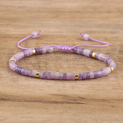 Bracelets tressés en perles de lépidolite naturelle, bracelets ajustables pour femmes, Diamètre intérieur: 16 cm, perle: 4~4.5x2~2.5 mm