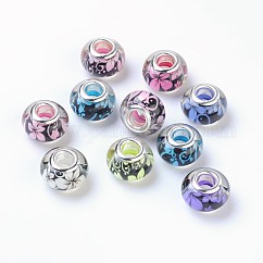 Perles européennes en résine à motif de fleurs à grand trou, avec couleur argent plaqué doubles noyaux de cuivre, rondelle, couleur mixte, 14x9mm, Trou: 5mm