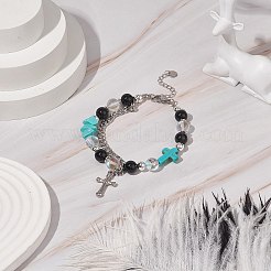 Браслет из бусин из натуральных и синтетических камней с подвеской в виде креста&nbsp;BJEW-TA00184-03