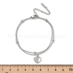 304ステンレススチールハートチャームチェーンブレスレット  女性用マルチ連売りブレスレット  ステンレス鋼色  6-3/4インチ（17cm）  ペンダント：10x9.5x1mm&nbsp;BJEW-M097-01A-P