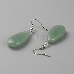Женские серьги-капли из натурального зеленого авантюрина со стальными железными булавками EJEW-WH0033-14C