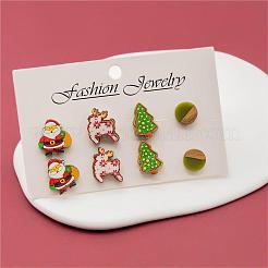サンタクロース&鹿&クリスマスツリープリントウッドスタッドピアス4組  フラットラウンドウッド＆レジンイヤリング  ミックスカラー  16~17x10~17mm&nbsp;EJEW-OY001-05