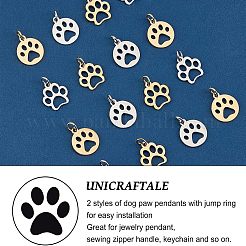24個2スタイル304ステンレススチールペンダント  犬の足のプリントとフラットラウンド  ゴールデン·ステンレス鋼色  13~14x12x1mm  穴：4mm  6個/カラー&nbsp;STAS-UN0032-32