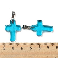 ガラスのペンダント  白金鉄パーツ  クロスチャーム  ディープスカイブルー  29x18x5.5mm  穴：7x3.5mm&nbsp;GLAA-H029-05P-04