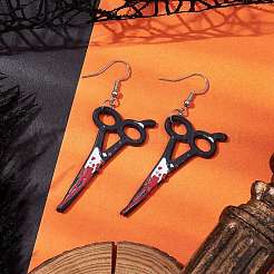 ハロウィーンプリントのアクリルダングルイヤリング  鉄のピアスフック  ナイフチャーム  プラチナ  ブラック  65x23mm&nbsp;EJEW-JE06124-04