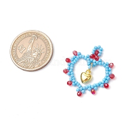 ガラスシードビーズハートペンダント  金合金のハートチャーム付き  ライトスカイブルー  31x29x4mm  穴：1.5x2mm&nbsp;PALLOY-MZ00588-04