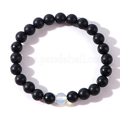 Регулируемые эластичные браслеты для мужчин из натурального черного обсидиана и круглых стеклянных бусин.&nbsp;XI4264-1