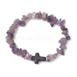 天然アメジストチップストレッチブレスレット女性男性用  クロス  内径：2-1/8インチ（5.5cm）&nbsp;BJEW-JB11341-08