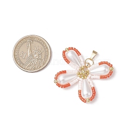ツートンガラスシードビーズの蝶ペンダント  アクリル模造パールビーズ付き  鮭色  31.5x36x8mm  穴：6.5x2.5mm&nbsp;PALLOY-MZ00556-05