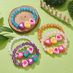 Эластичный браслет из смолы с имитацией кошачьего глаза и сердцем из бисера для детей BJEW-JB09569