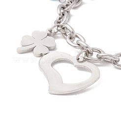 Bracelet rond en lampwork avec breloque en forme de cœur et de trèfle et chaîne en acier inoxydable 304 pour femme&nbsp;STAS-P304-16P