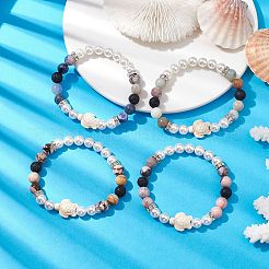 Braccialetti elasticizzati con perline rotonde da 8 mm e perle di conchiglia&nbsp;BJEW-JB10317