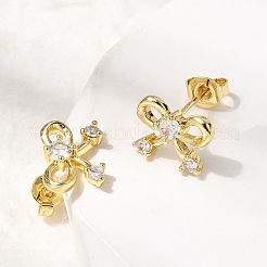 Женские серьги-гвоздики из латуни с микро-паве и бантом из прозрачного кубического циркония&nbsp;EJEW-G460-03G