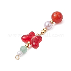 天然カーネリアンとガラスのペンダント  蝶  金色の真鍮トーンループ付き  レッド  47x14.5x8mm  穴：1.6mm&nbsp;PALLOY-JF03192-08