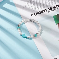 天然ハウライト＆合成ターコイズ（染色）クロスビーズブレスレット  女性のためのアクセサリー用原石のアクセサリー  内径：2-1/8インチ（5.5cm）&nbsp;BJEW-TA00179-03