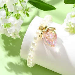 アクリル製イチゴチャームブレスレット  アクリル製イミテーションパールビーズを使用した女性用ストレッチブレスレット  ピンク  内径：2.24インチ（5.7cm）&nbsp;BJEW-JB13843-02