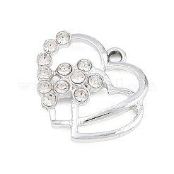 合金ラインストーンペンダント  ダブルハートチャーム  プラチナ  18x20.5x4mm  穴：1.8mm&nbsp;RB-CBA332B-04A-P