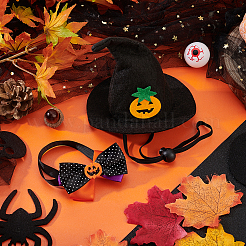 ポリエステル製のペット用帽子とネクタイ  ハロウィンテーマのカボチャ柄ペットコスチューム  プラスチックパーツ  ブラック  140x130mm&nbsp;AJEW-WH0453-39