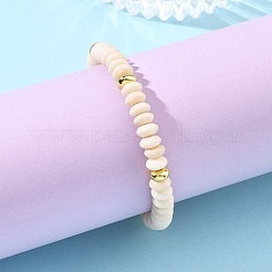 Braccialetti elasticizzati con perline a rondella in legno pietrificato naturale da 6 mm e perline in ottone.&nbsp;BJEW-JB14422