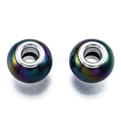 大穴アクリルヨーロピアンビーズ  シルバーカラーメッキの鉄製ダブルコア付き  ロンデル  ミックスカラー  14x10mm  穴：5mm&nbsp;PACR-N014-020