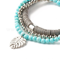 3 pz 3 stile fatto a mano in argilla polimerica heishi e braccialetti elastici con perline howlite naturale con fascino foglia per le donne&nbsp;BJEW-JB07589