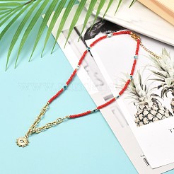 深紅色のガラスシードビーズネックレス  楕円形の真鍮製マリナーリンクと太陽の304ステンレススチールペンダント付き  ゴールドカラー  クリムゾン  16.93インチ（43cm）&nbsp;NJEW-JN03724-02