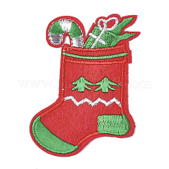 機械刺繍布地アイロンワッペン  マスクと衣装のアクセサリー  アップリケ  クリスマスの靴下  レッド  79x58x1.5mm&nbsp;FIND-T030-033