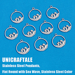 304ステンレススチールペンダント10個  海の波とフラットラウンド  ステンレス鋼色  21x18x1.5mm  穴：1.5mm&nbsp;STAS-UN0041-64