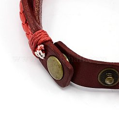 革の合金の腕時計のブレスレット  合金のパーツと木製のビーズが付いているワックスをかけられた綿コード  アンティークブロンズ  ミックスカラー  210x27~29x2~8mm&nbsp;WACH-J002-M