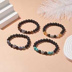 4 個 4 スタイル天然 & 合成混合宝石ストレッチ ブレスレット セット  ライオン & フクロウ & ゾウ & ブッダ 合金 ビーズ ブレスレット 女性用  内径：2インチ（5.2cm）  1個/スタイル&nbsp;BJEW-TA00147