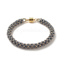 Glass Seed Beaded Bracelet with Brass Magnetic Clasps, Braided Bracelet for Women, Prussian Blue, 7-1/2 inch(19cm)