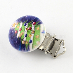 Christmas Tree Pattern Printed Wooden Baby Pacifier Holder Clip with Iron Clasp, Flat Round, DarkSlate Blue, 30x30mm