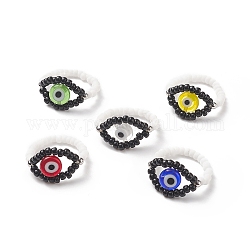 5Pcs 5 Color Lampwork Evil Eye Stretch Finger Rings Set, Glass Seed Braided Jewelry for Women, Mixed Color, US Size 6 1/2(16.9mm), 1Pc/color