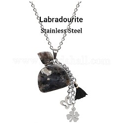 Natürliche Labradorit-Parfümflaschen-Anhänger-Halskette mit Edelstahl-Schmetterlingsblumen- und Quasten-Anhängern, Fläschchenschmuck mit ätherischen Ölen für Frauen, 18.11 Zoll (46 cm)