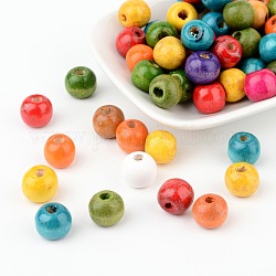 Perles rondes en bois naturel mélangées, teinte, environ 12 mm de diamètre, épaisseur de 10.5mm, Trou: 3mm