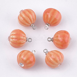 Handmade Porcelain Pendants, Bright Glazed Porcelain, with Brass Findings and Cubic Zirconia, Round, Platinum, Coral, 15~16x12~13mm, Hole: 1.5mm