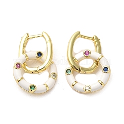 Real 18K Gold Plated Brass Ring Dangle Hoop Earrings, with Enamel and Cubic Zirconia, White, 21x12.5mm