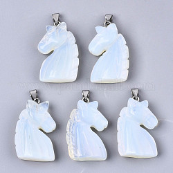 Carved Opalite Pendants, with Stainless Steel Bails, Unicorn, Stainless Steel Color, 38~41x11~14x24~25mm, Hole: 9x4mm