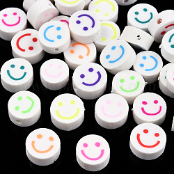 Manuell Polymer Ton Perlen, flach rund mit lächelndem Gesicht, Mischfarbe, 9~10x4 mm, Bohrung: 1.2~1.6 mm