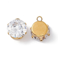 304 Stainless Steel Pendants, with Crystal Rhinestone, Flat Round, Golden, 12x10x6.5mm, Hole: 1.8mm
