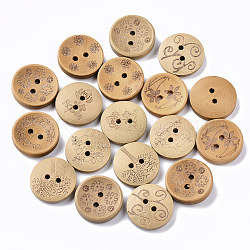 Bottoni in legno intagliato a 2 foro, rotondo e piatto, Burlywood, 20x5mm, Foro: 2 mm, su 600pccs / 500g