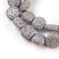 Brins de perles de pierre de lave naturelle galvanisées, plat rond, platinée, 12x6mm, Trou: 1mm, Environ 32~33 pcs/chapelet, 15 pouce ~ 15.3 pouces (38~39 cm)