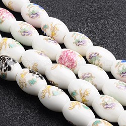 Flower Printed Handmade Porcelain European Beads, Large Hole Barrel Beads, Mixed Color, 20x15mm, Hole: 5mm