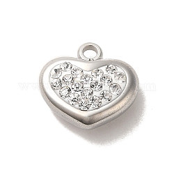 304 charms in acciaio inox, con rhinestone di cristallo, fascino cuore, colore acciaio inossidabile, 11x11x5.5mm, Foro: 1.6 mm