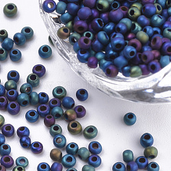 Perles de rocaille en verre, style mat, métallique, ronde, bleu moyen, 2.3x1.5mm, Trou: 0.8mm, environ 30000 pcs / sachet , environ 450 g /sachet 